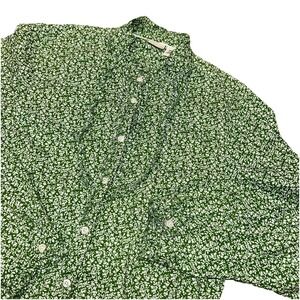 L. L.‎ Bean Green Floral Ruffled Mock Neck Button Up Blouse Shirt Women's M